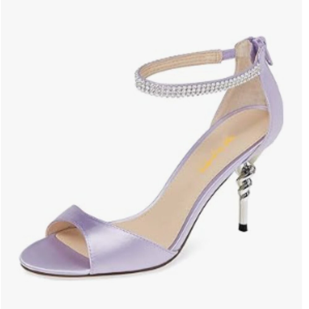XYD Lavender Open Toe Rhinestones Ankle Strap Sandals Spiral Mid Heel Shoes